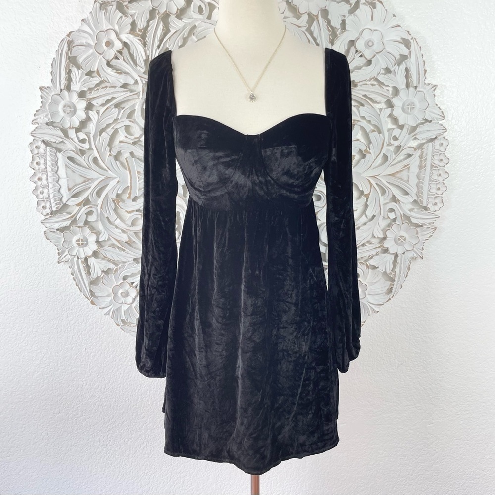 {Reformation} Black Chestnut Silk Velvet Babydoll Dress, Size 0